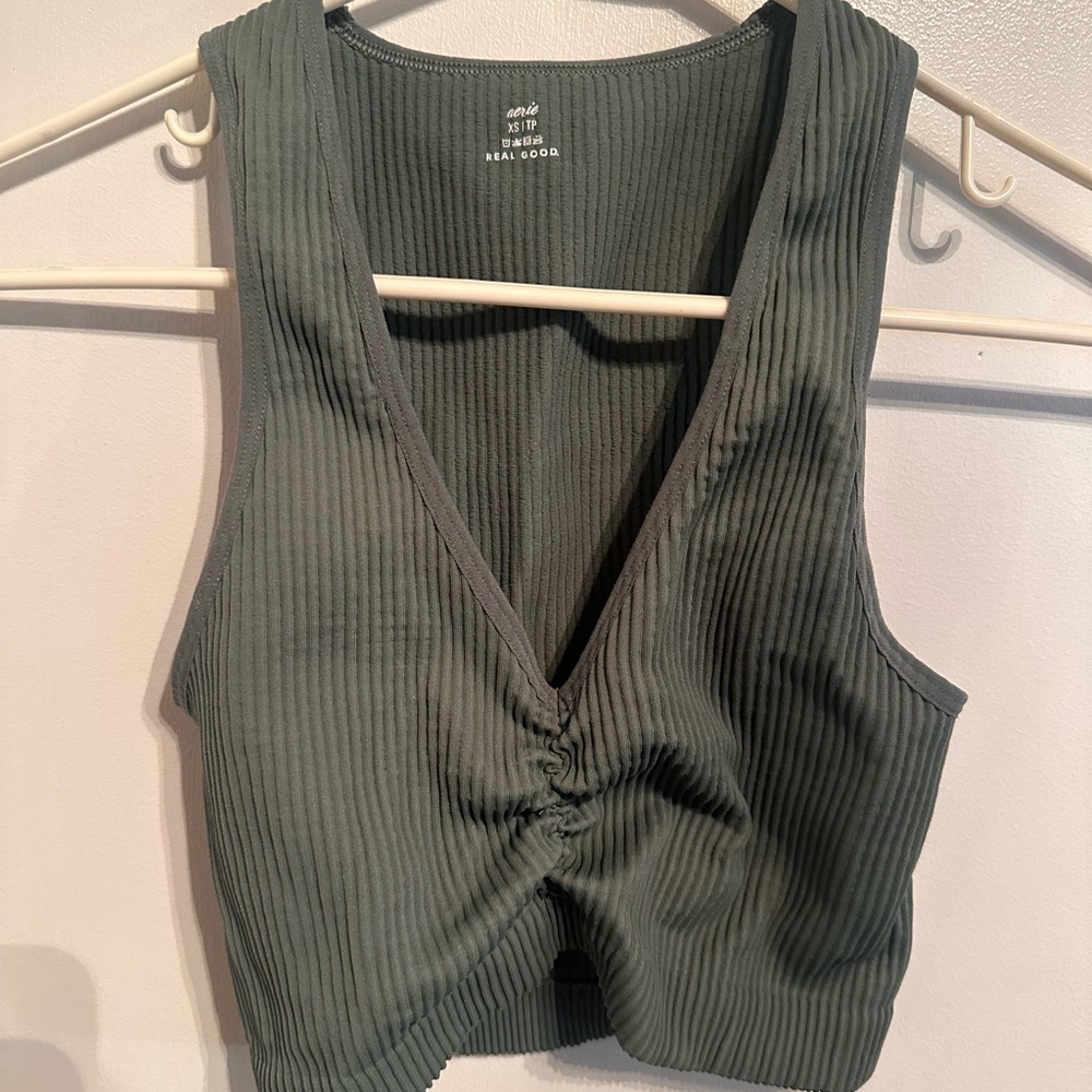 Aerie Olive Ribbed V-Neck Crop Tank
